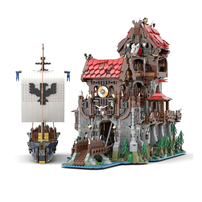 Wolfpack Tower and Medieval Ship MOC 136695 Castle Architecture Townhall 4916Pcs Building Blocks Kids Toy